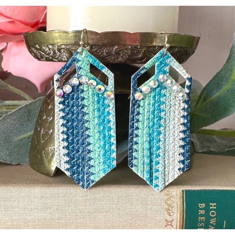 Blue leather tassel earrings